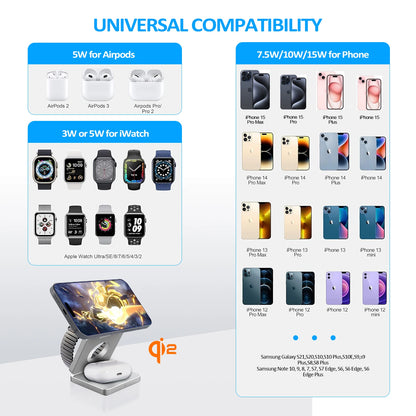 محطة شحن لاسلكي Qi2 15W 3 في 1 للآيفون، ساعة آبل وآيربودز برو