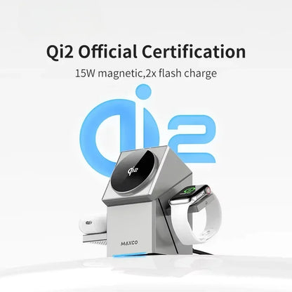 شاحن لاسلكي 3 في 1 Qi2 مع قاعدة دوارة تلقائية للآيفون، آيربودز وساعة آبل