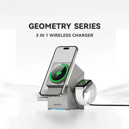 شاحن لاسلكي 3 في 1 Qi2 مع قاعدة دوارة تلقائية للآيفون، آيربودز وساعة آبل
